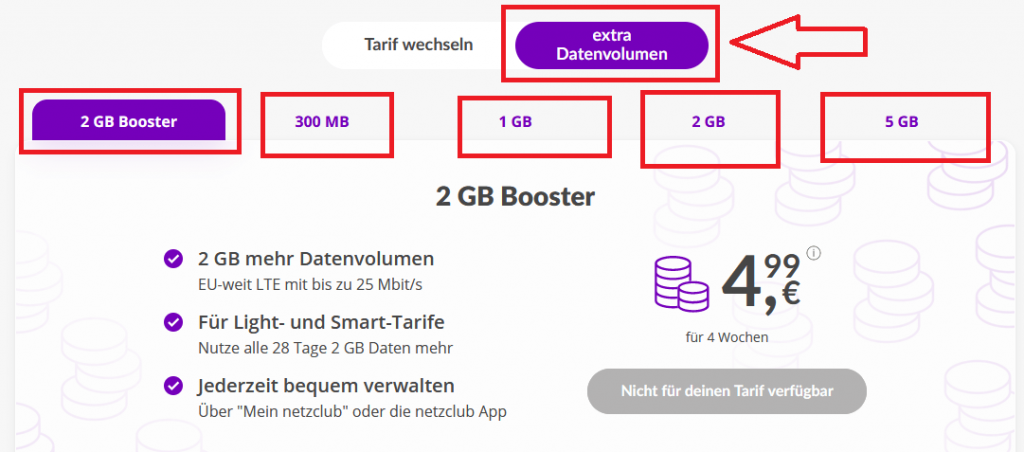 netzclub extra Datenvolumen über das Kundeportal nachbuchen 