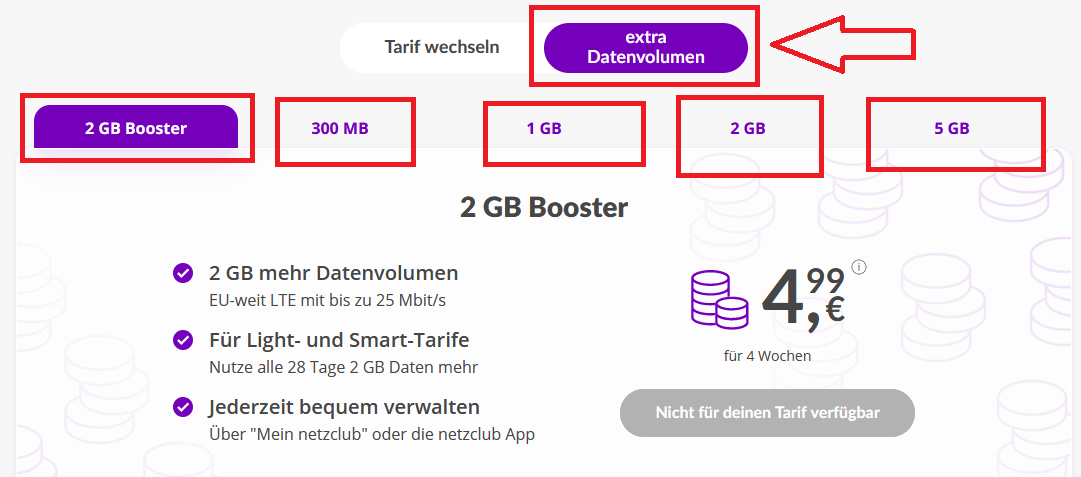 netzclub extra Datenvolumen nachbuchen