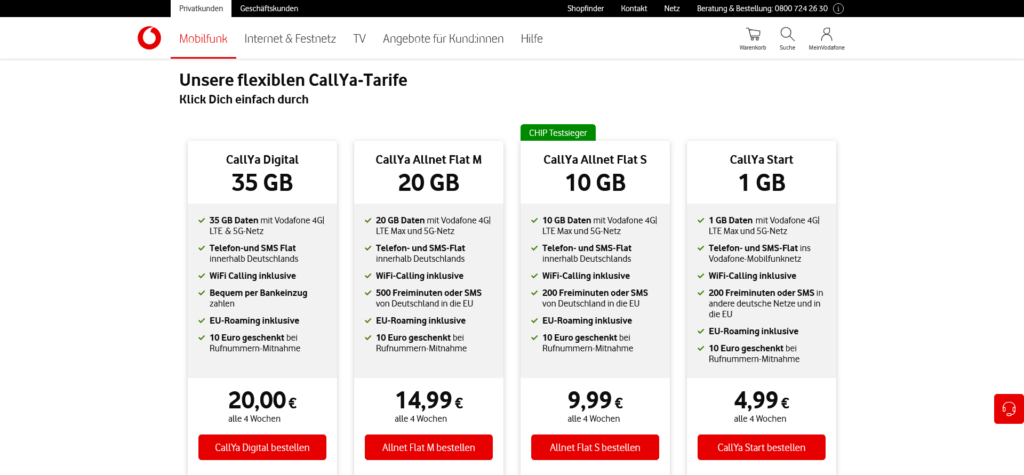 Vodafone CallYa Prepaid Tarife 